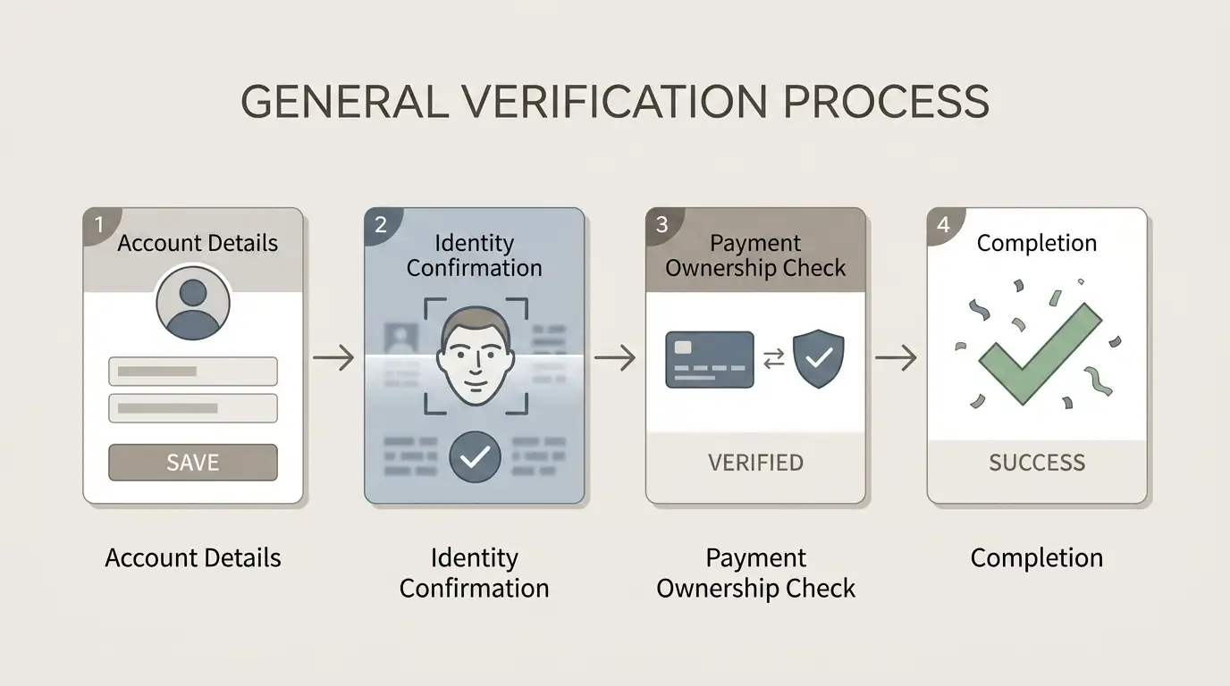 Neutral verification flow linking account details, identity checks, payment ownership and approval