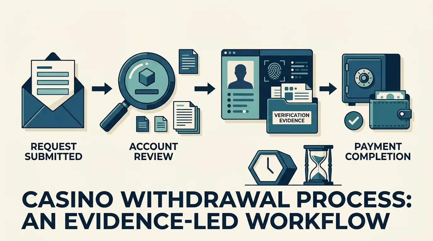 Editorial withdrawal process showing a payout request moving through account checks, identity verification and payment completion without fixed time claims