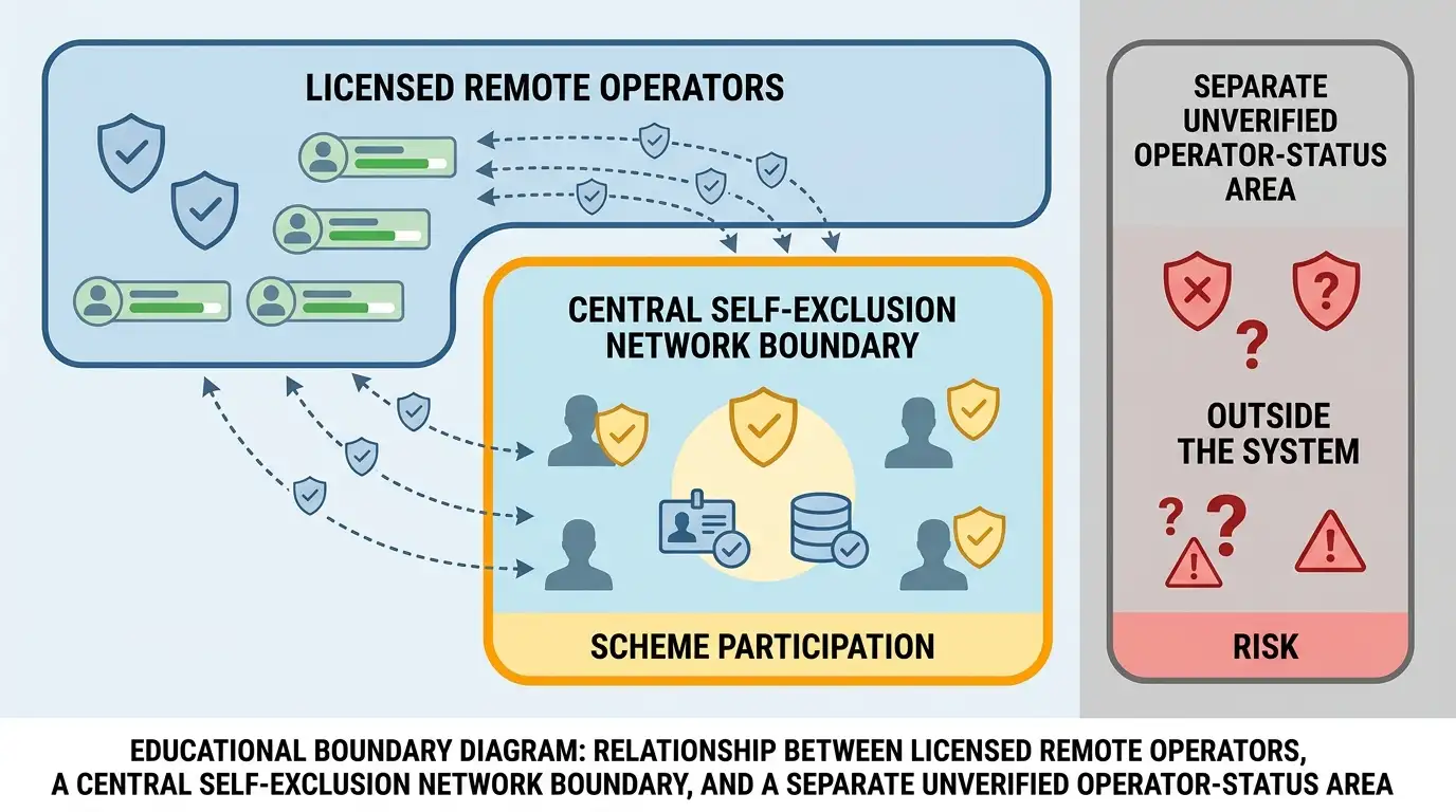 Educational boundary diagram separating UKGC licensing, GAMSTOP participation and Magic Win status
